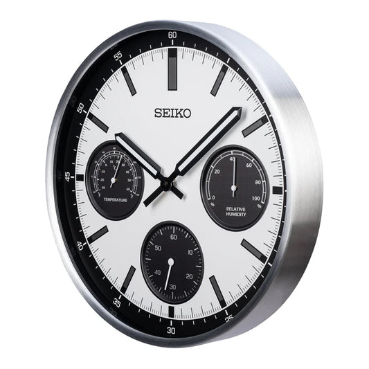 Seiko QXA823SLH "Shelby Watch Dial" Silver Heritage Design Luminous Metal Wall Clock with Thermometer, Hygrometer, & Seconds Dial