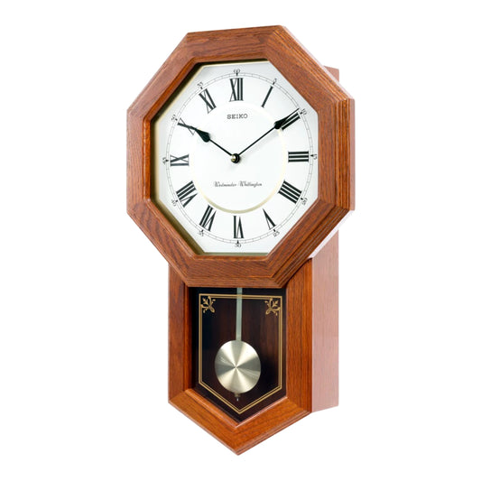 Seiko QXH110BLH "Light Oak Schoolhouse" Traditional Wooden Chiming Pendulum Wall Clock