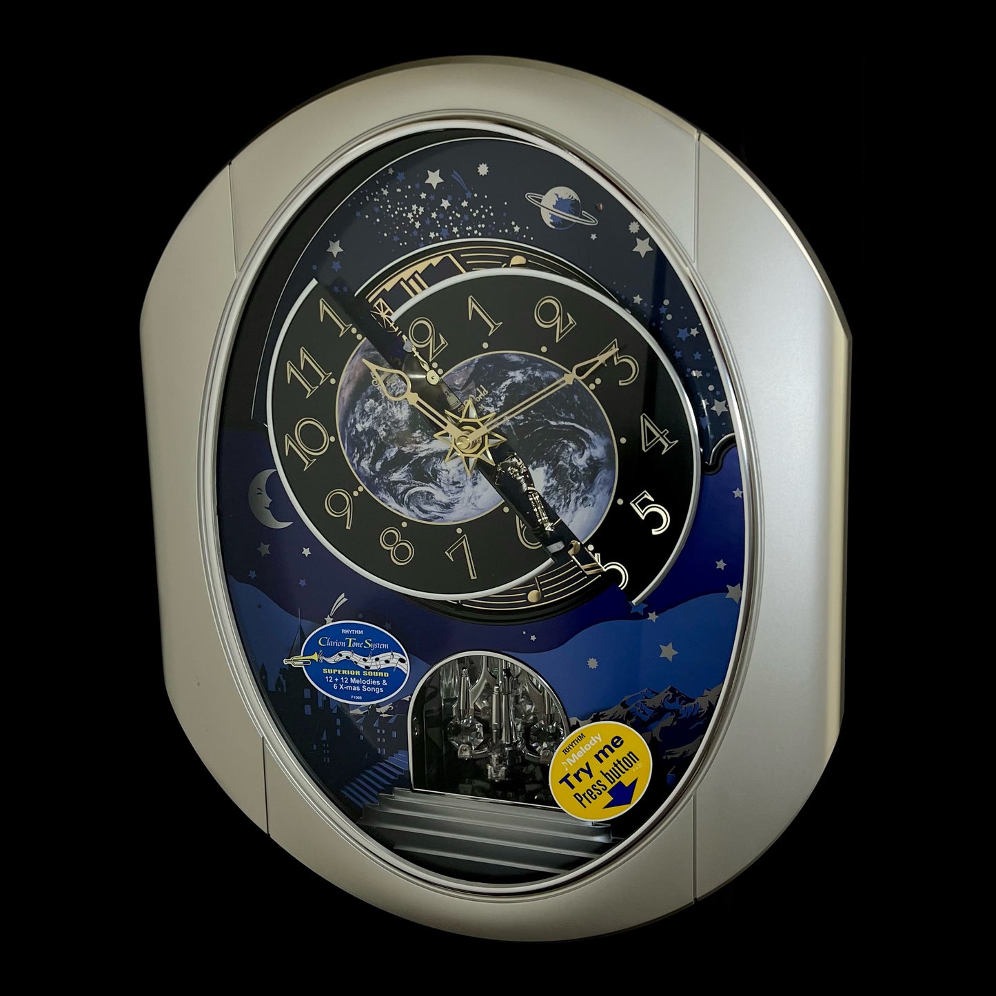 Rhythm “Peaceful Cosmos II” Moving Earth Dial Magic Motion Musical Wall Clock - 4MH408WU19