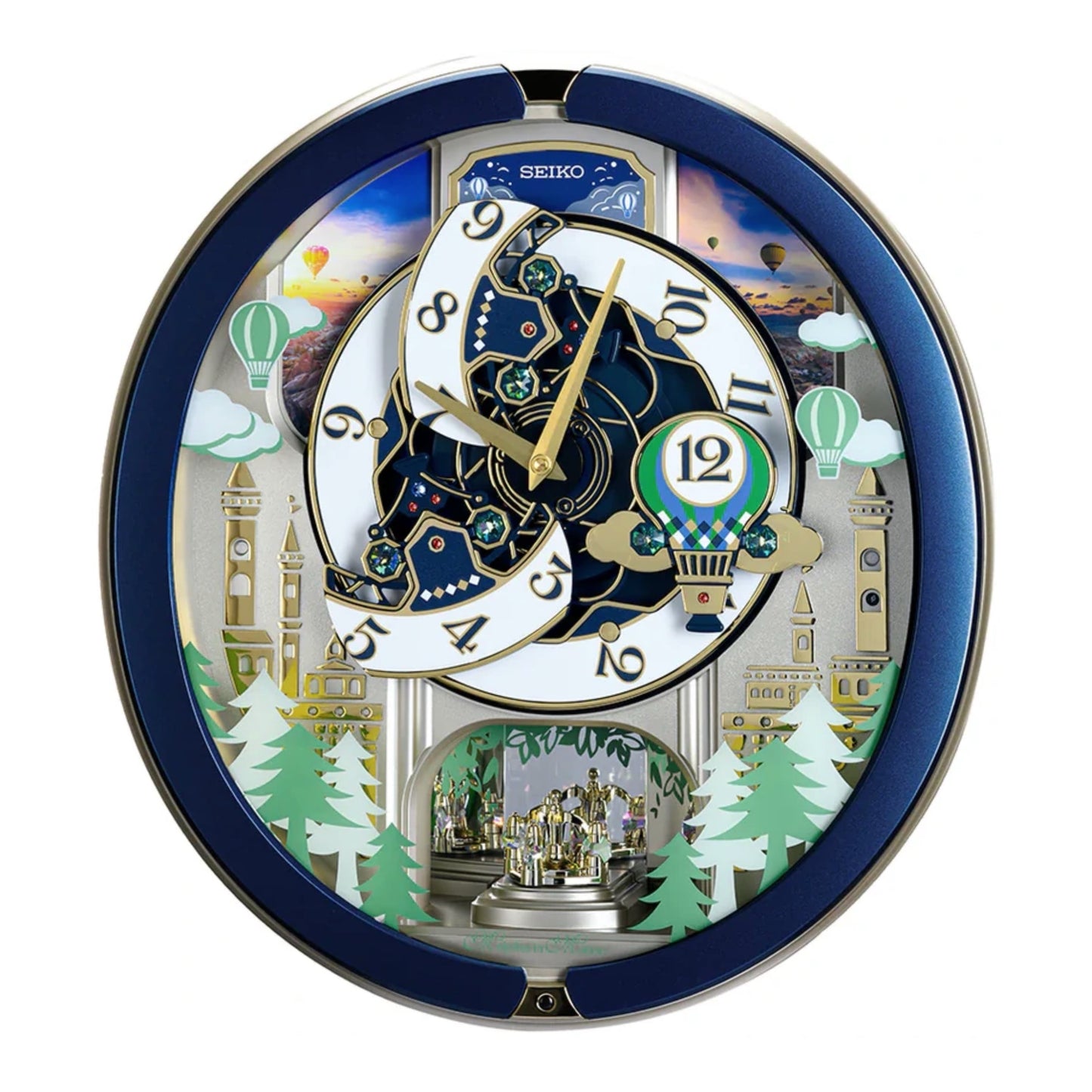 Seiko QXM398LRH “Blue Pine Fantasy” Melodies in Motion Dancing Dial Musical Wall Clock with 40 Songs