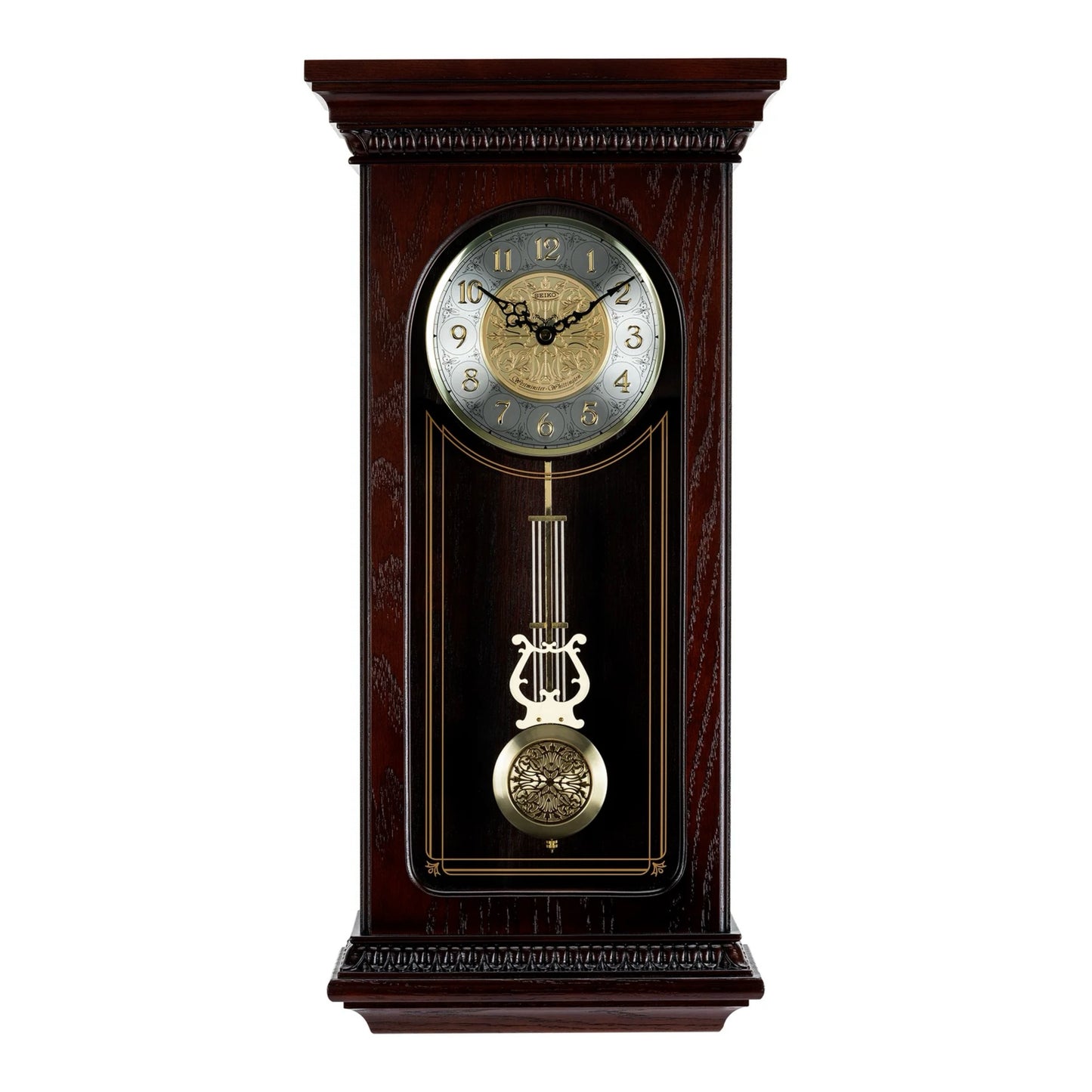 Seiko QXH008BLH "Mahogany" Traditional Wooden Chiming Pendulum Wall Clock with Embossed Steel Dial