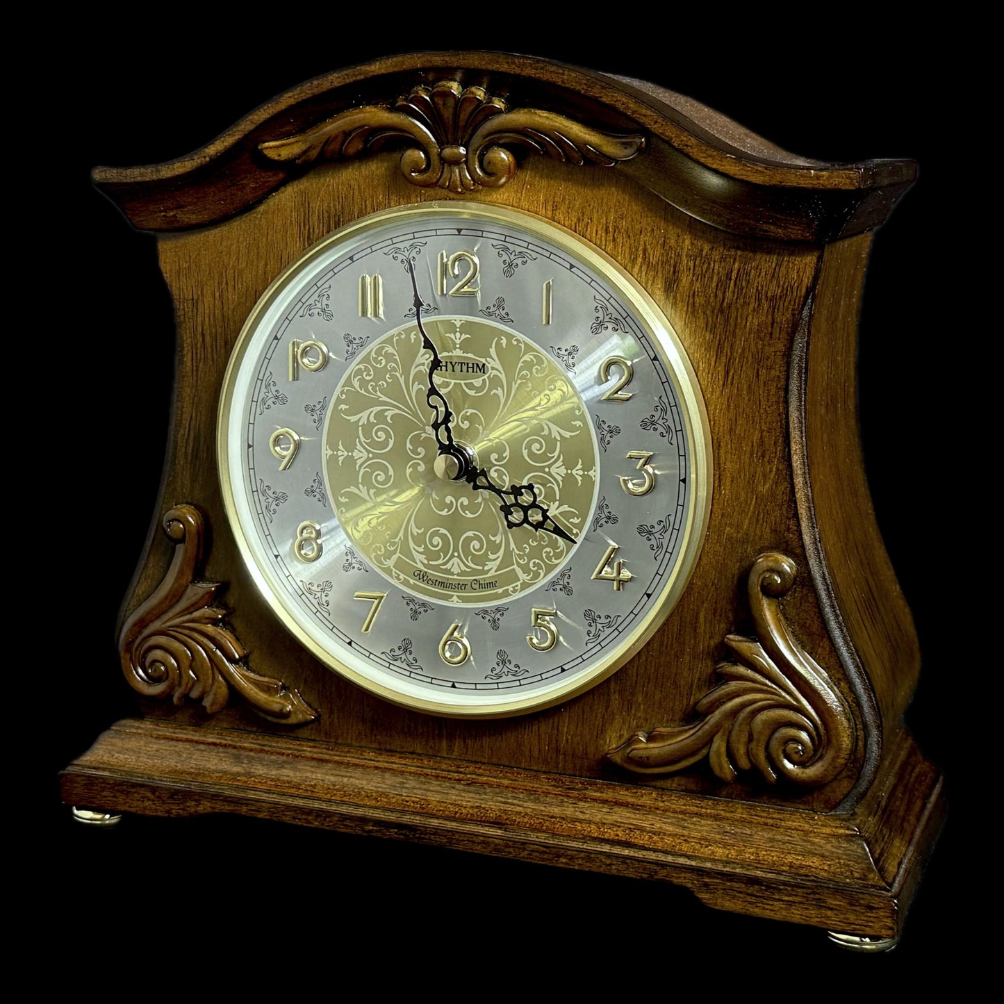 Rhythm "WSM Versailles II" Traditional Wooden Chiming & Musical Mantel Clock with Embossed Steel Dial - CRH214UR06