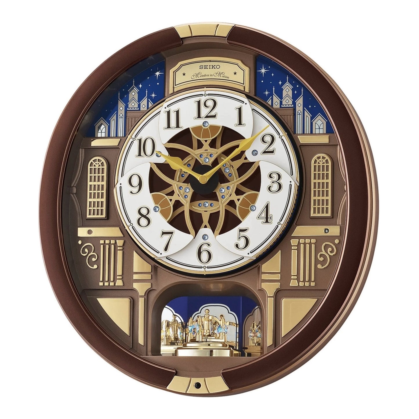 Seiko QXM362BRH "Nighttime City Skyline" Melodies in Motion Dancing Dial Musical Wall Clock
