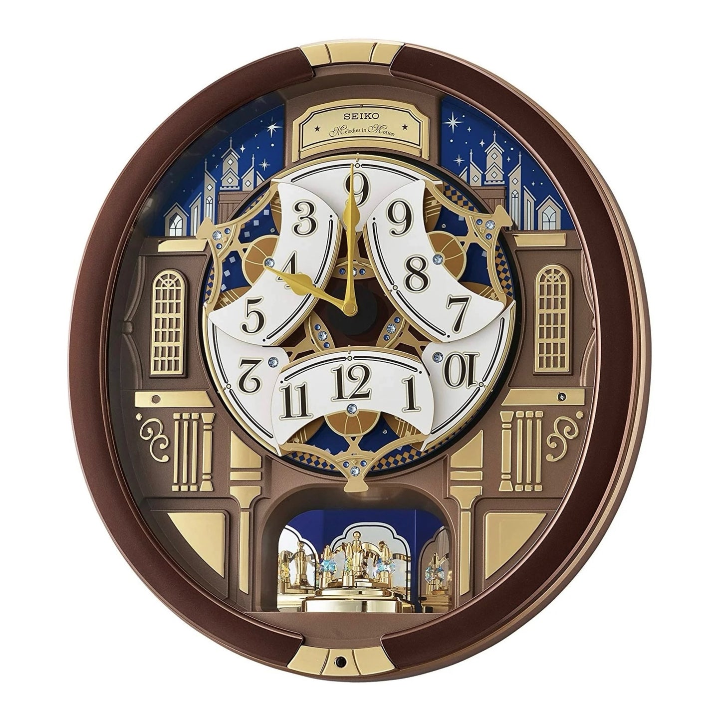 Seiko QXM362BRH "Nighttime City Skyline" Melodies in Motion Dancing Dial Musical Wall Clock