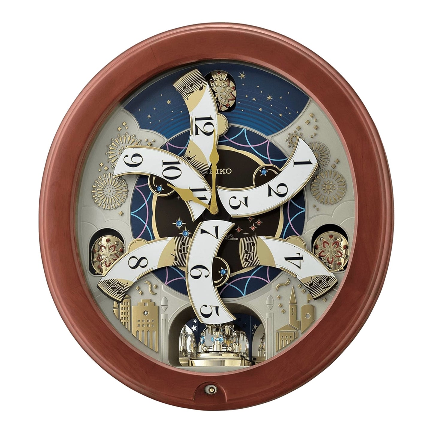 Seiko QXM376BRH “Bright Starry Night” Melodies in Motion Dancing Dial Musical Wooden Wall Clock