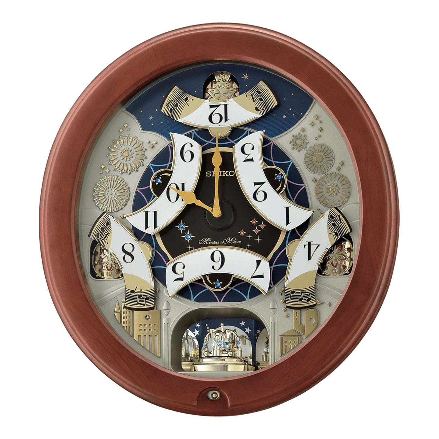 Seiko QXM376BRH “Bright Starry Night” Melodies in Motion Dancing Dial Musical Wooden Wall Clock