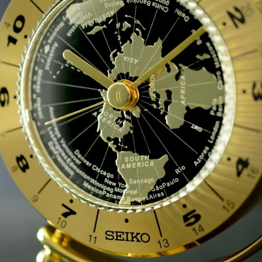 Seiko QHG106GLH "Golden Globe" Desk & Table Clock with World Time Bezel