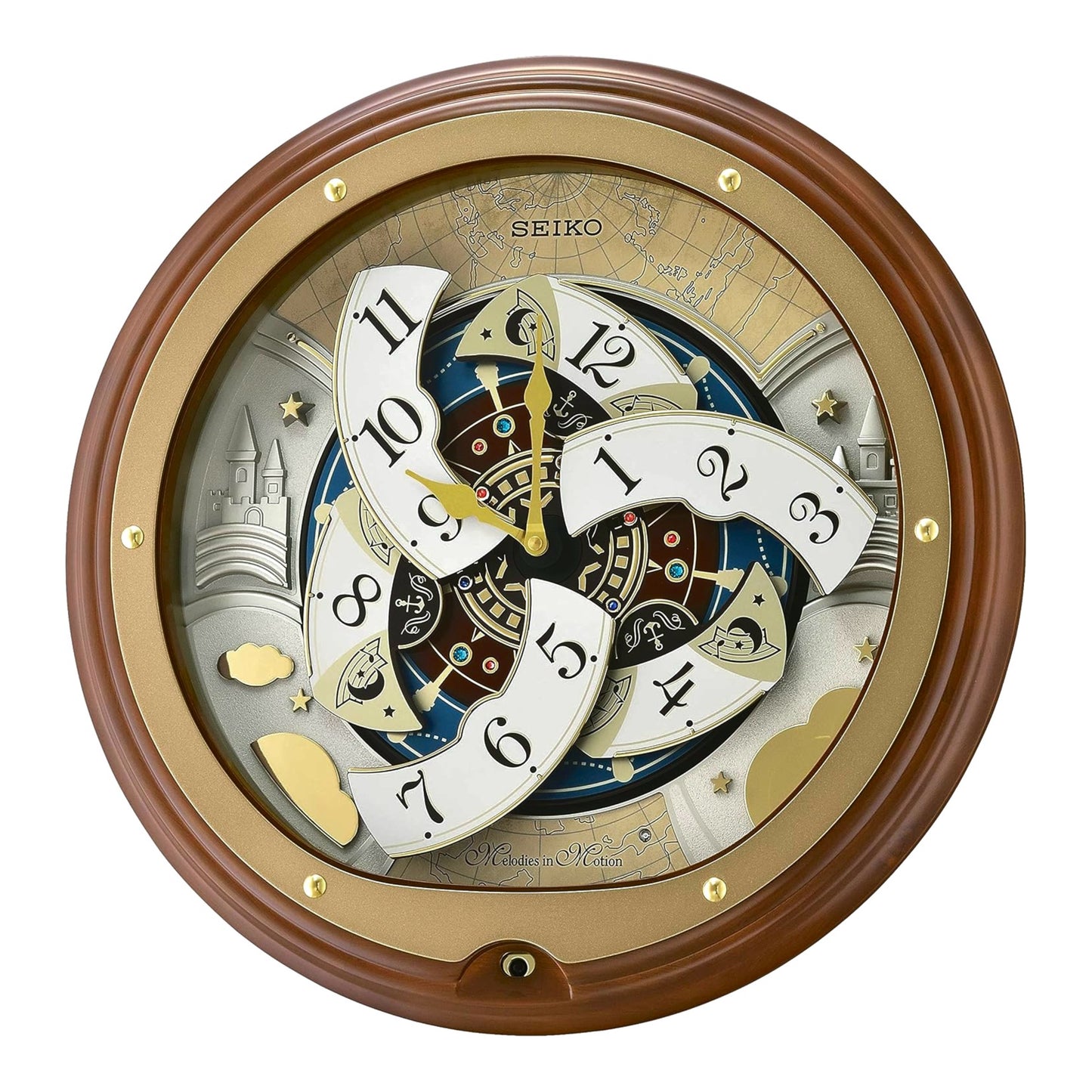 Seiko QXM381BRH “Atlas” Melodies in Motion Dancing Dial Musical Wooden Wall Clock