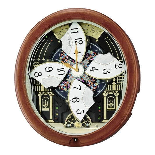 Seiko QXM383BRH "Midnight Royale" Melodies in Motion Musical Wooden Wall Clock with Animated Moving Dial & 12 Songs