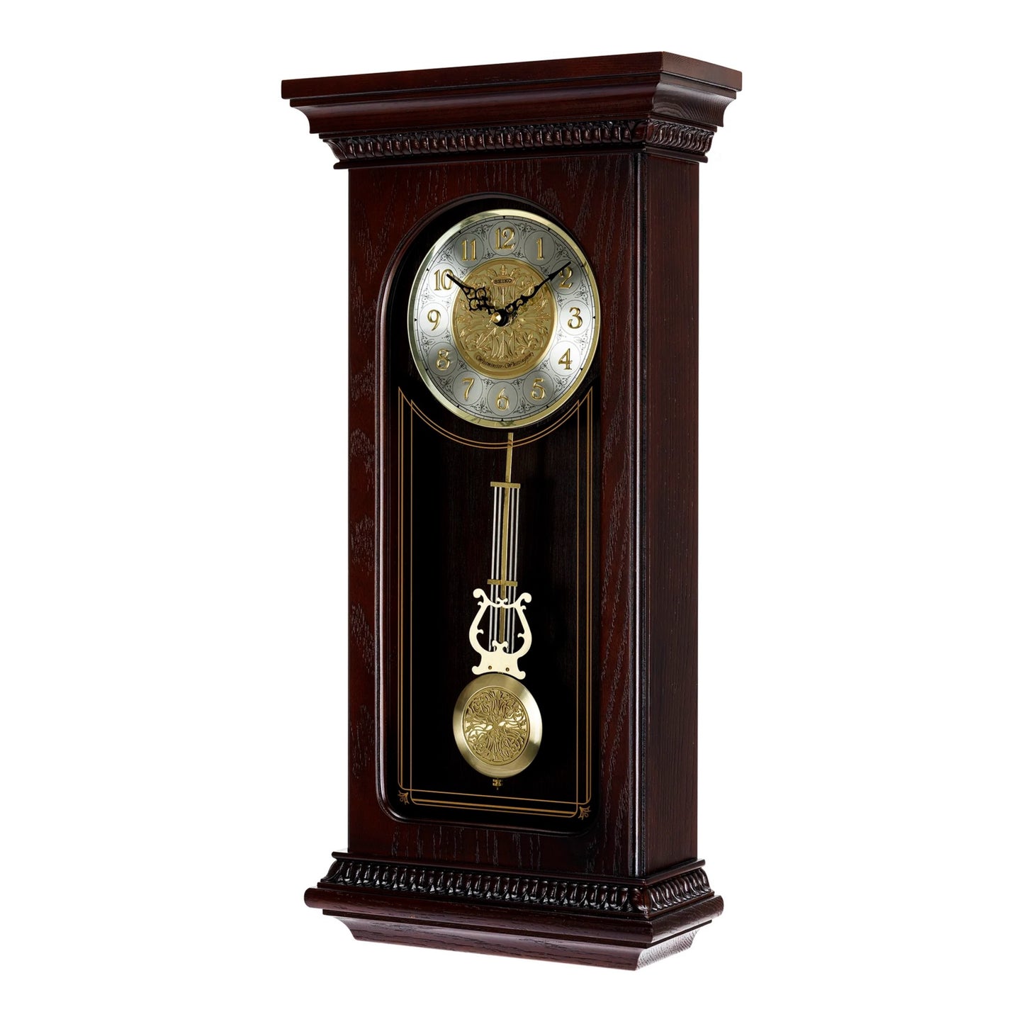 Seiko QXH008BLH "Mahogany" Traditional Wooden Chiming Pendulum Wall Clock with Embossed Steel Dial