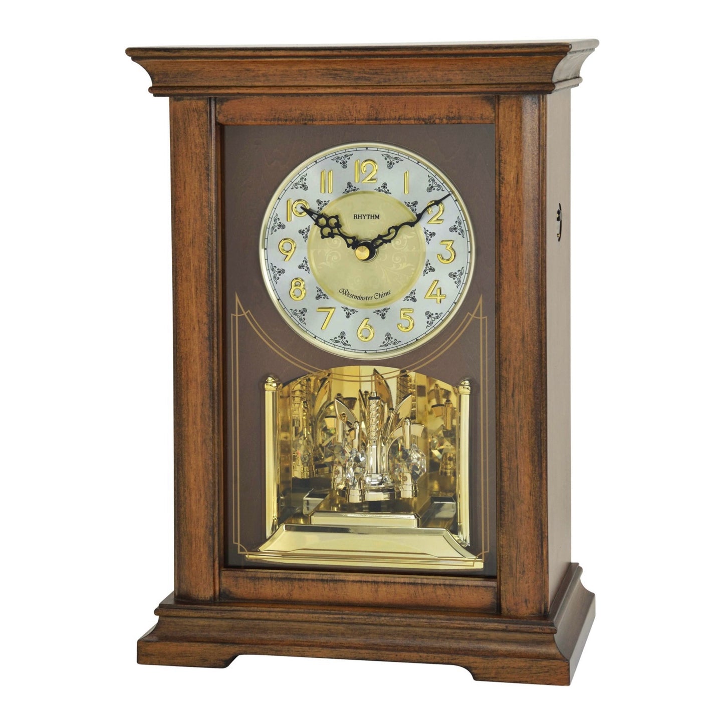 Rhythm “WSM Highland” Traditional Wooden Musical & Chiming Pendulum Mantel Clock with Embossed Steel Dial - CRH270UR06