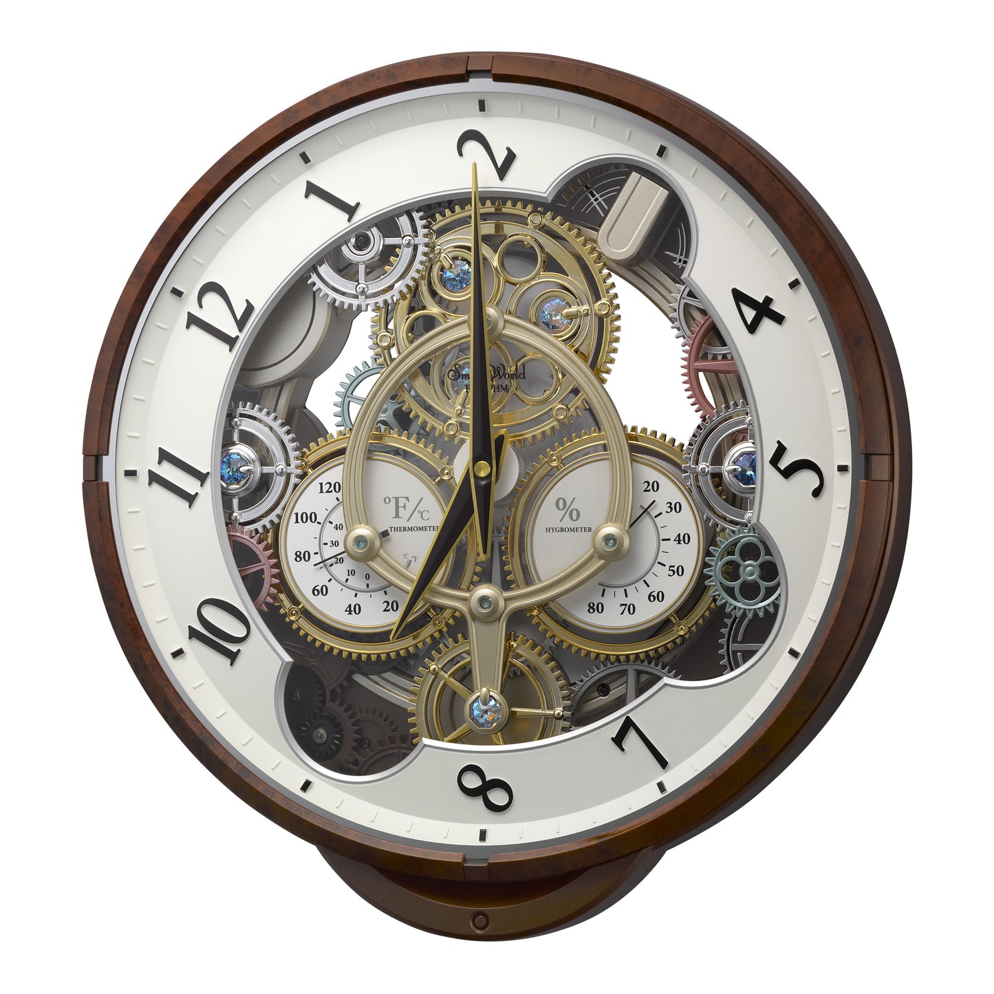 Rhythm “Widget (Woodgrain)” Skeletonized Dial Magic Motion Musical Wall Clock with Moving Gears - 4MH886WU23