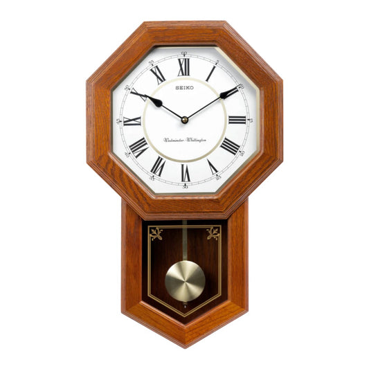 Seiko QXH110BLH "Light Oak Schoolhouse" Traditional Wooden Chiming Pendulum Wall Clock