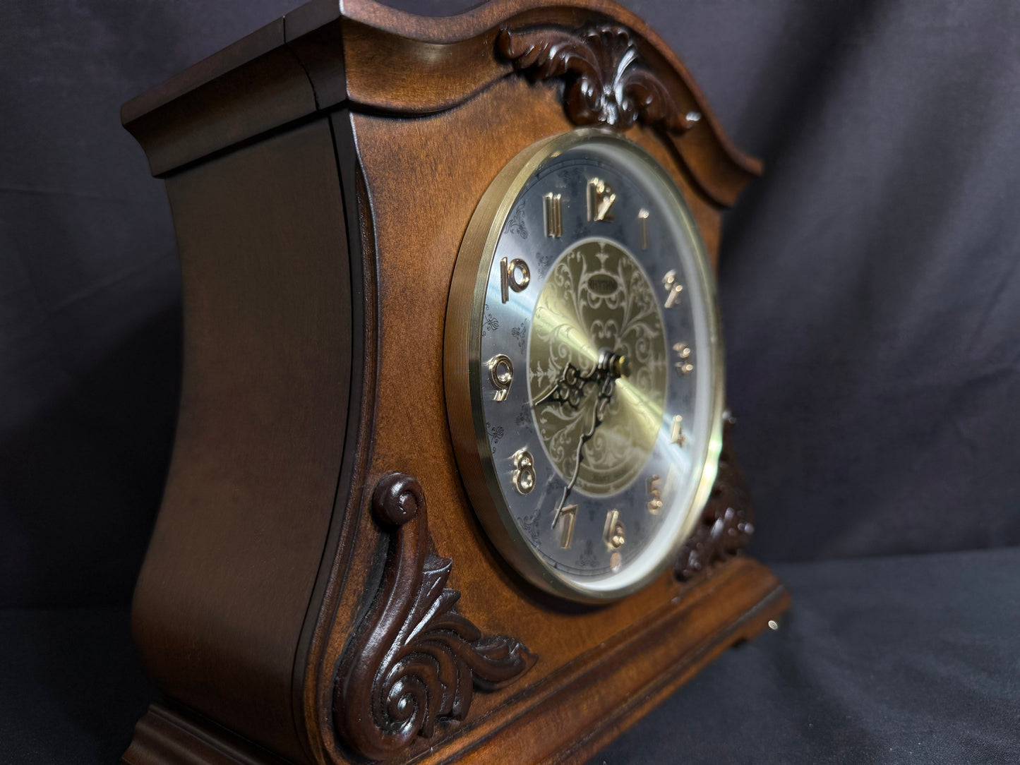 Rhythm "CTS Versailles" Traditional Wooden Musical Mantel Clock with Embossed Steel Dial - CRH125UR06