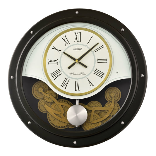 NEW! | Seiko QXM617KLH "Benedict" Melodies in Motion Musical Decorative Pendulum Wooden Wall Clock with 3D Gears