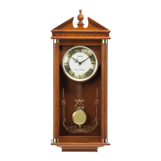 Seiko QXH107BLH "Regal Oak" Traditional Wooden Chiming Pendulum Wall Clock with Intricate Carved Frame