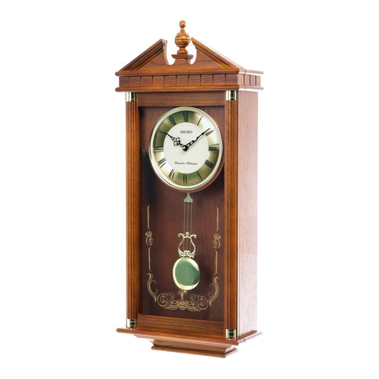 Seiko QXH107BLH "Regal Oak" Traditional Wooden Chiming Pendulum Wall Clock with Intricate Carved Frame
