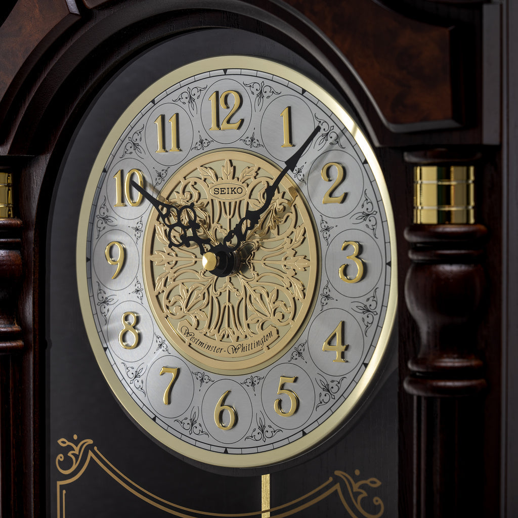 Seiko QXH004BLH "Stately Oak" Traditional Wooden Chiming Pendulum Wall Clock with Embossed Steel Dial