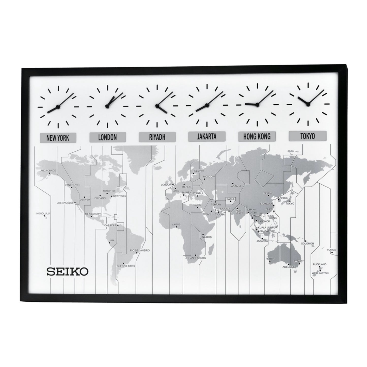 Seiko QXA538KLH "World's View" Large Wall Clock with Six World Time Zone Clocks