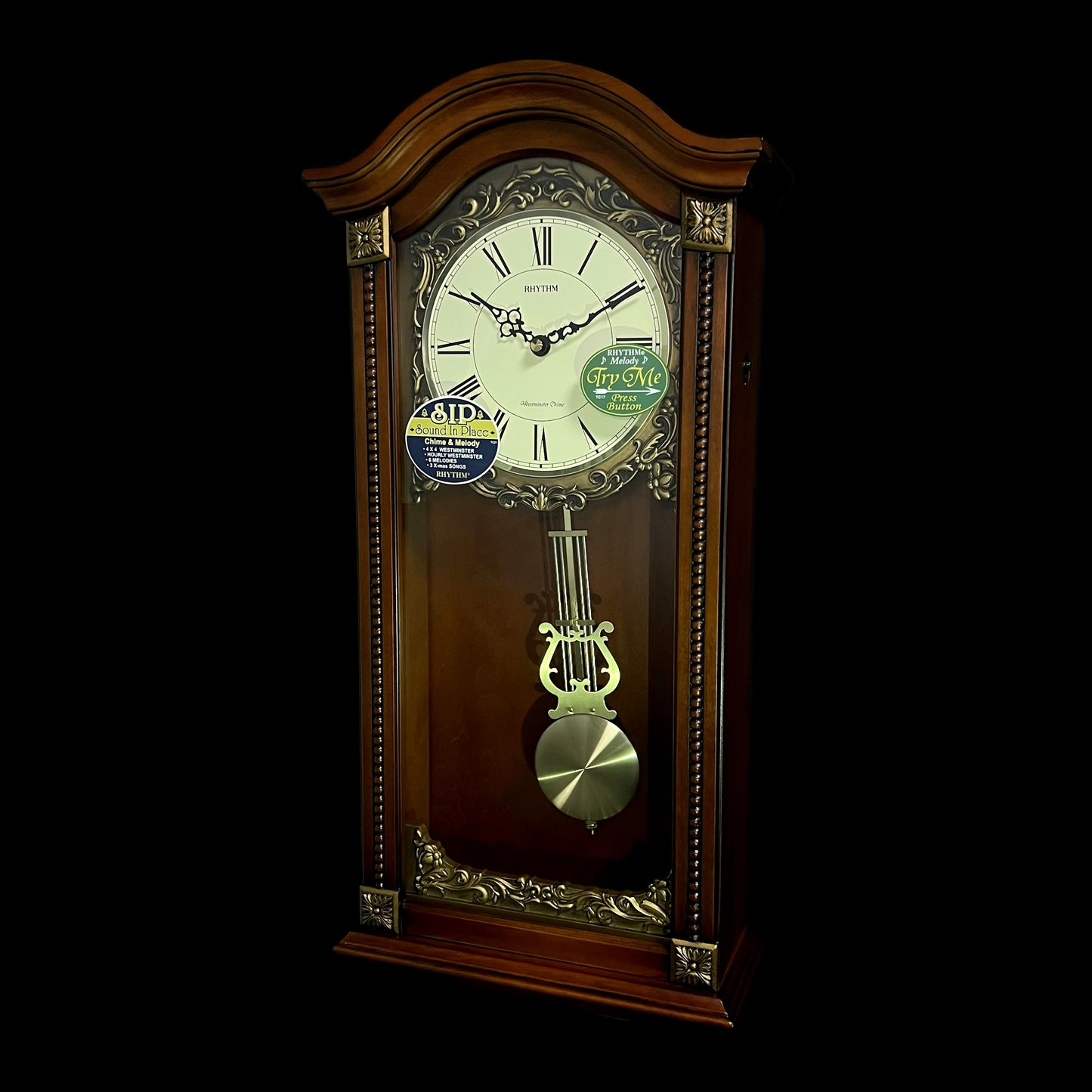 Rhythm “WSM Elyria” Antique-Style Wooden Musical & Chiming Pendulum Wall Clock - CMJ524NR06