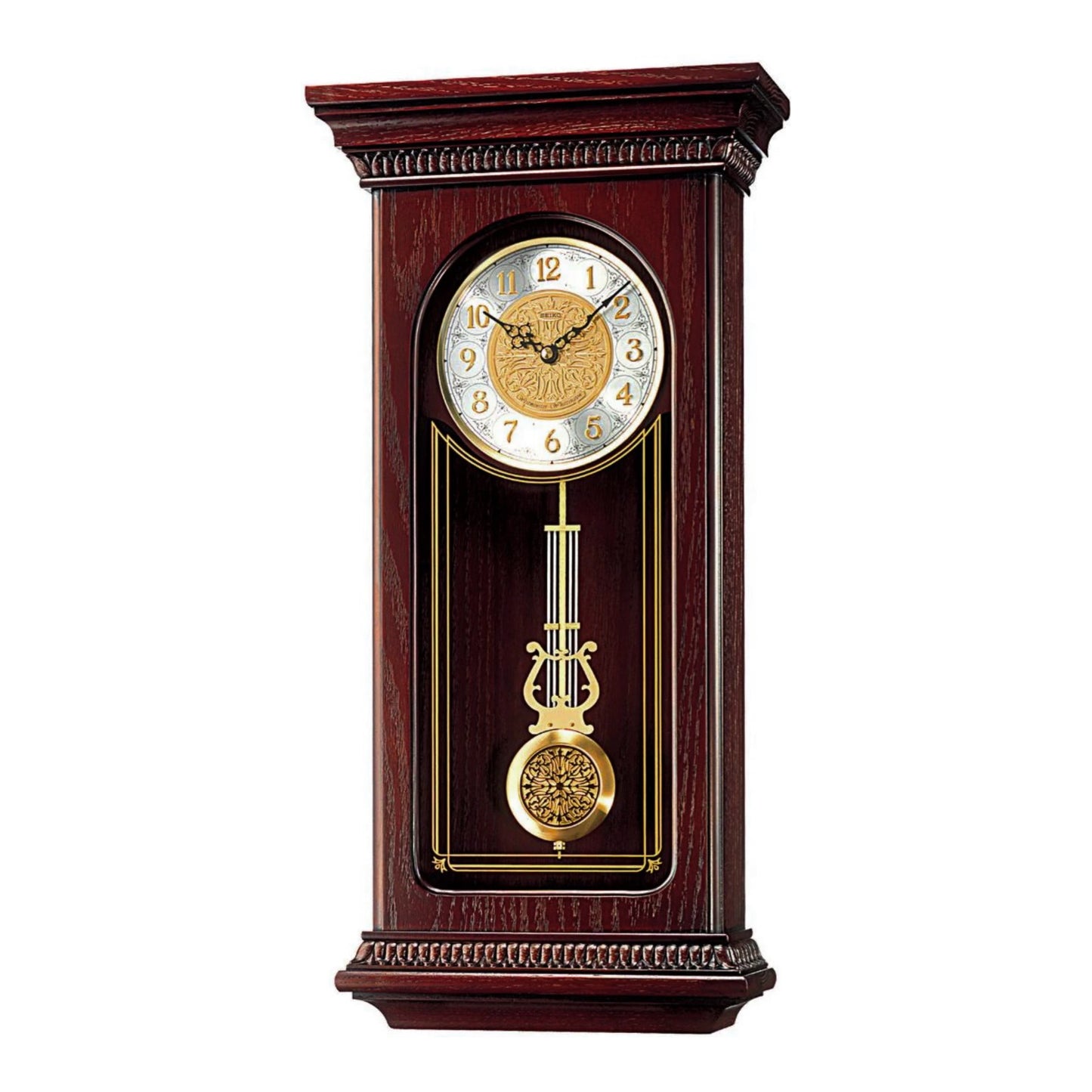 Seiko QXH008BLH "Mahogany" Traditional Wooden Chiming Pendulum Wall Clock with Embossed Steel Dial