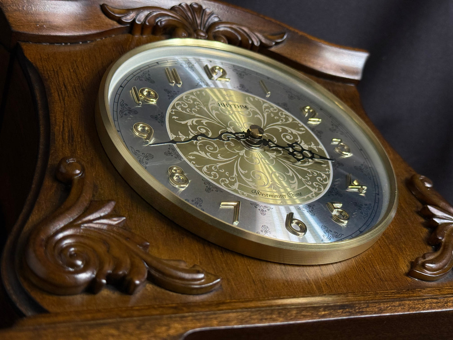 Rhythm "WSM Versailles II" Traditional Wooden Chiming & Musical Mantel Clock with Embossed Steel Dial - CRH214UR06