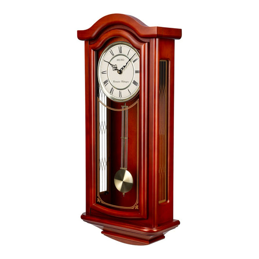 Seiko QXH118BLH "Alder Mahogany" Traditional Wooden Chiming Pendulum Wall Clock with Carved Side Panels