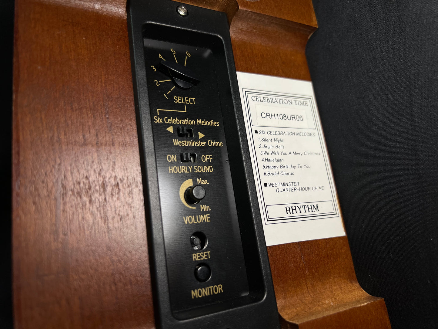 Rhythm “Celebration Time 108” Traditional Wooden Inlaid Musical & Chiming Mantel Clock - CRH108UR06