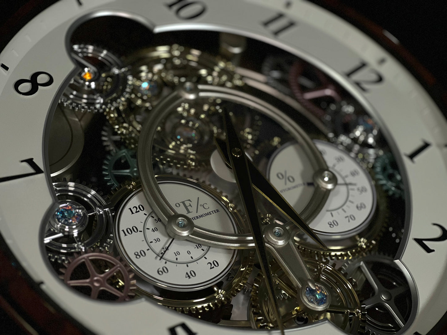 Rhythm “Widget (Woodgrain)” Skeletonized Dial Magic Motion Musical Wall Clock with Moving Gears - 4MH886WU23