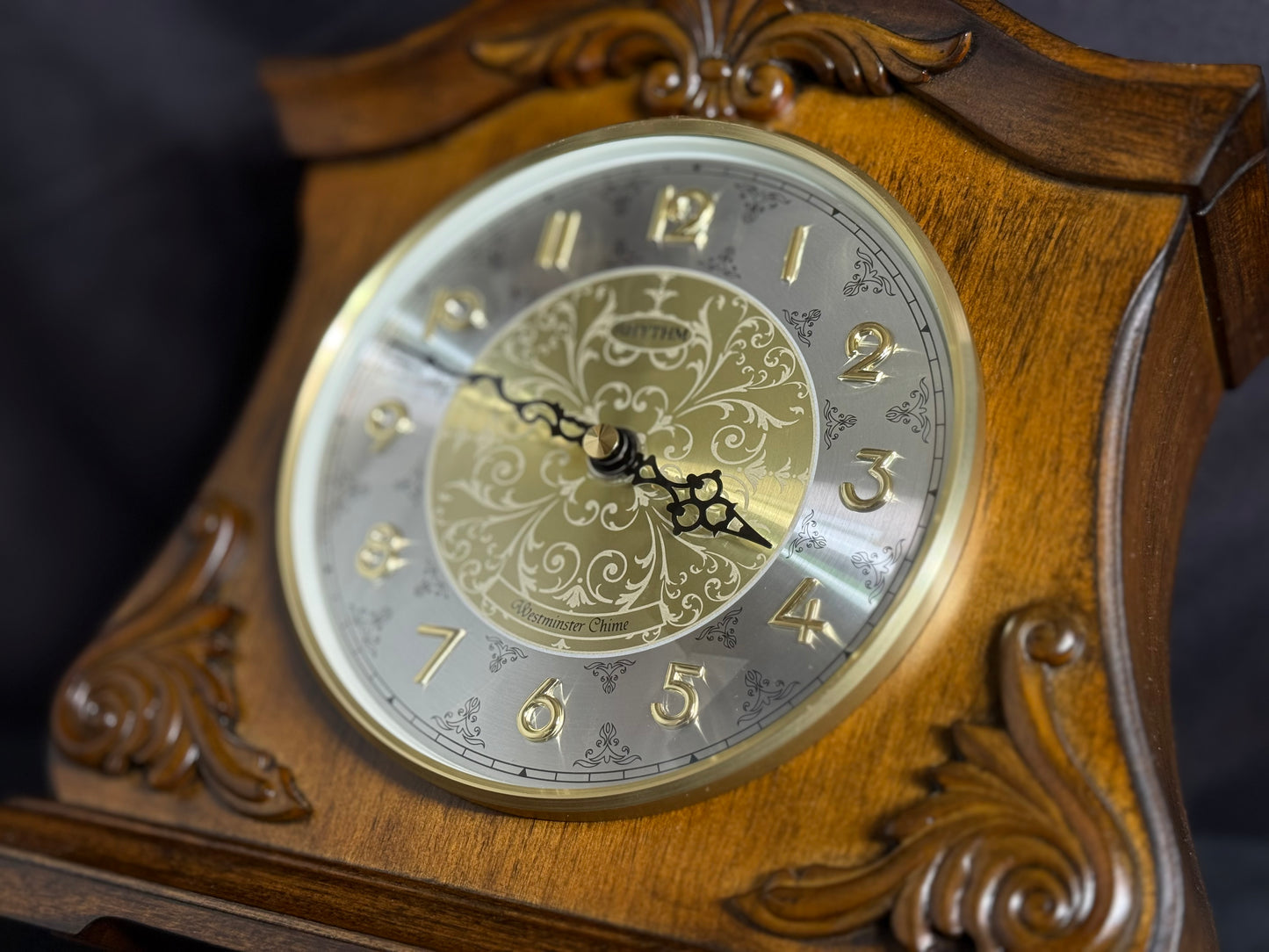 Rhythm "WSM Versailles II" Traditional Wooden Chiming & Musical Mantel Clock with Embossed Steel Dial - CRH214UR06