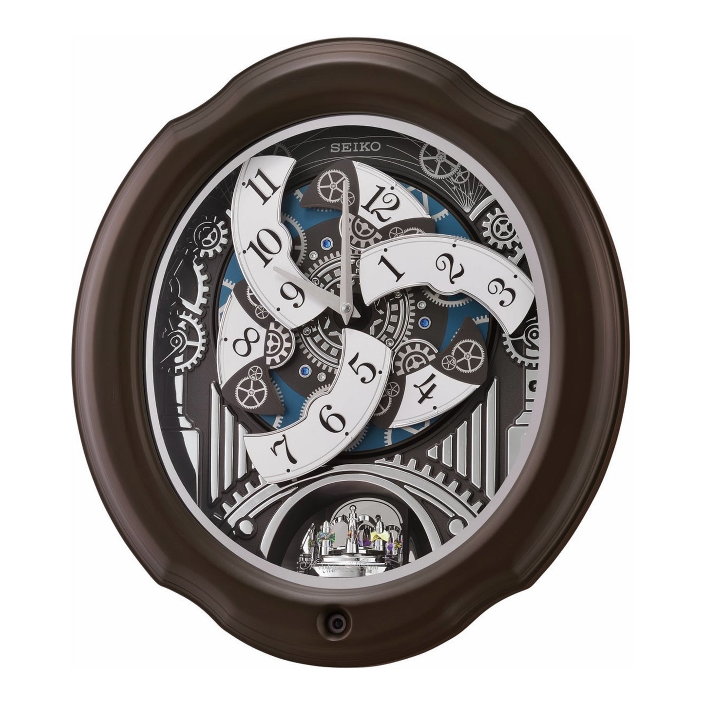 Seiko QXM609NRH “Opera” Melodies in Motion Dancing Dial Musical Wooden Wall Clock
