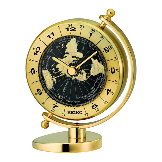Seiko QHG106GLH "Golden Globe" Desk & Table Clock with World Time Bezel