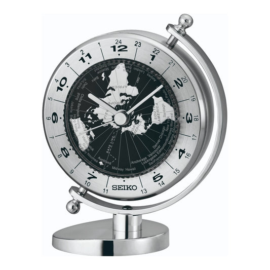 Seiko QHG106SLH "Silver Globe" Desk & Table Clock with World Time Bezel
