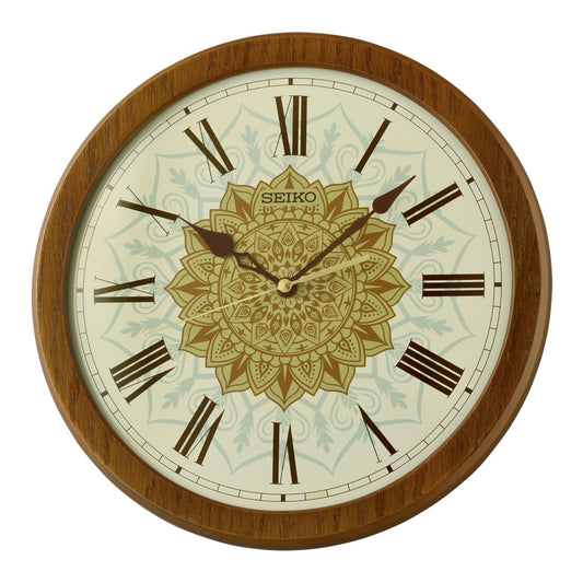 Seiko QXA857ZLH "Brown Mehndi" Decorative Wooden Wall Clock with Silent Sweep Second Hand