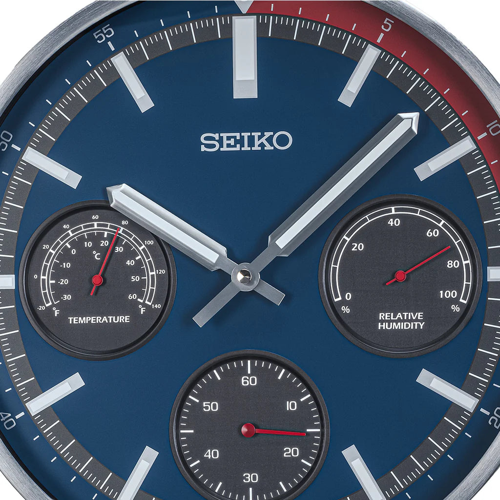Seiko QXA822SLH "Shelby Watch Dial" Red & Blue Heritage Design Luminous Metal Wall Clock with Thermometer, Hygrometer, & Seconds Dial