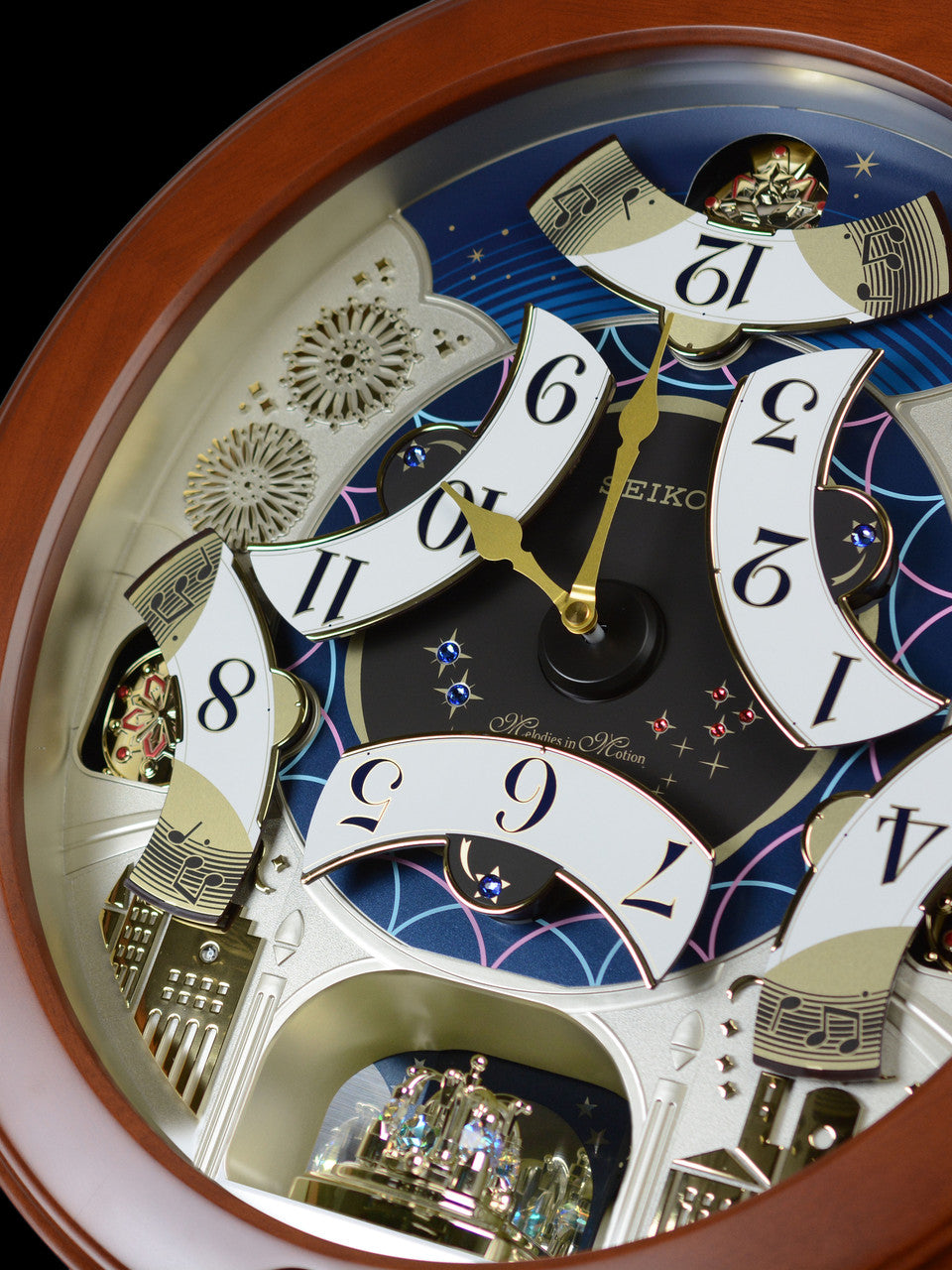 Seiko QXM376BRH “Bright Starry Night” Melodies in Motion Dancing Dial Musical Wooden Wall Clock