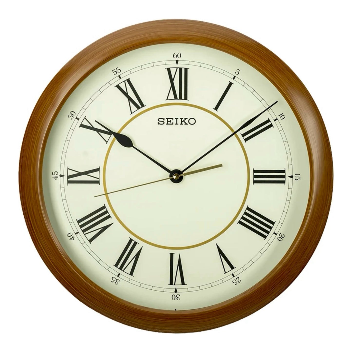 Seiko QXA598ALH "16-Inch Woodgrain with Roman Numerals" Large Wall Clock with Silent Sweep Second Hand