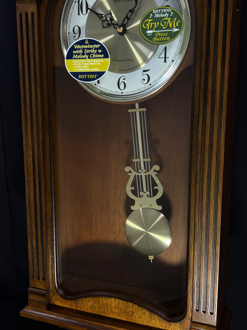 Rhythm “WSM Tiara II” Traditional Wooden Musical & Chiming Pendulum Wall Clock with Intricate Carved Frame - CMJ539UR06