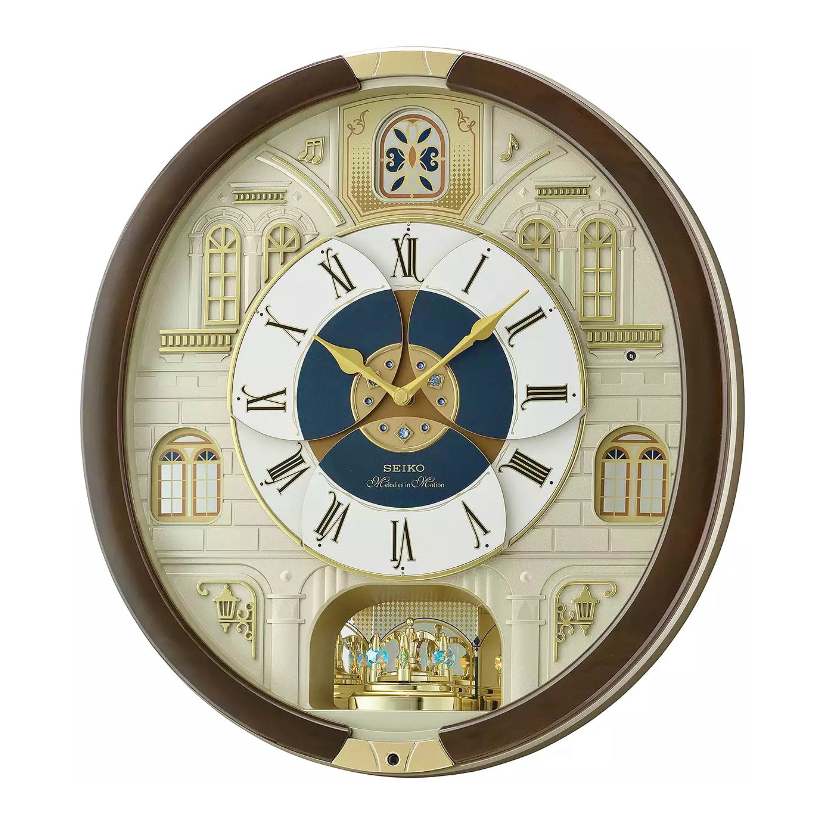 Seiko QXM371BRH “Castle Windows” Melodies in Motion Dancing Dial Musical Wall Clock with 19 Songs