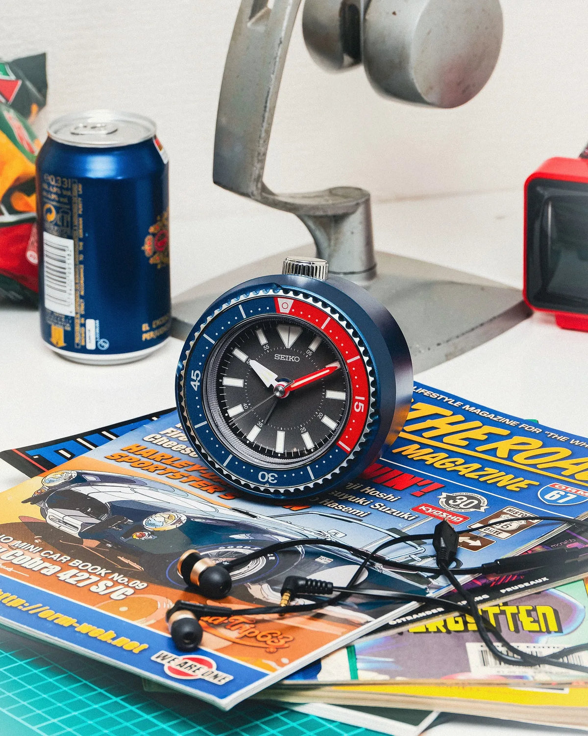 Seiko QHE207LLH "Mai Modern Watch Dial" Red & Blue Heritage Design Luminous Desk & Alarm Clock with Rotating Bezel