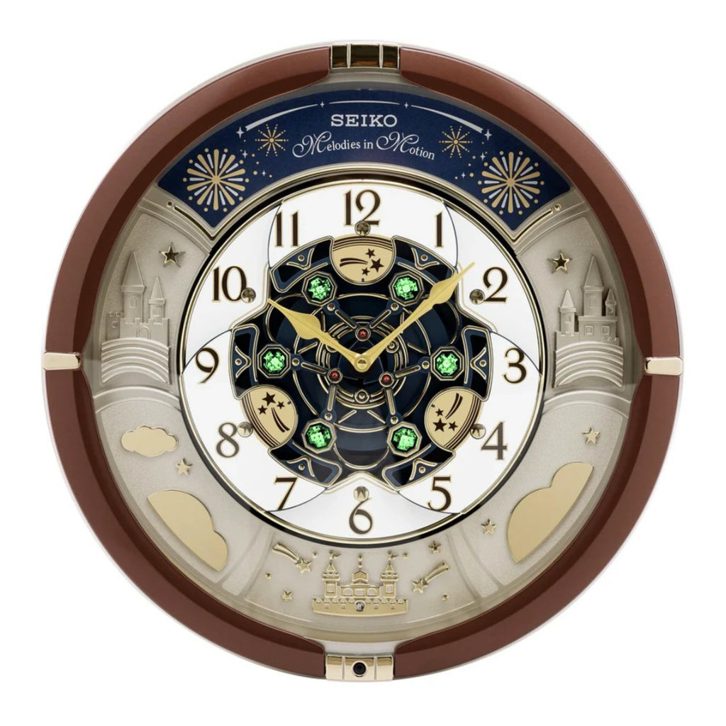 Seiko QXM378BRH “Castle Night” Melodies in Motion Dancing Dial Musical Wall Clock with 18 Songs