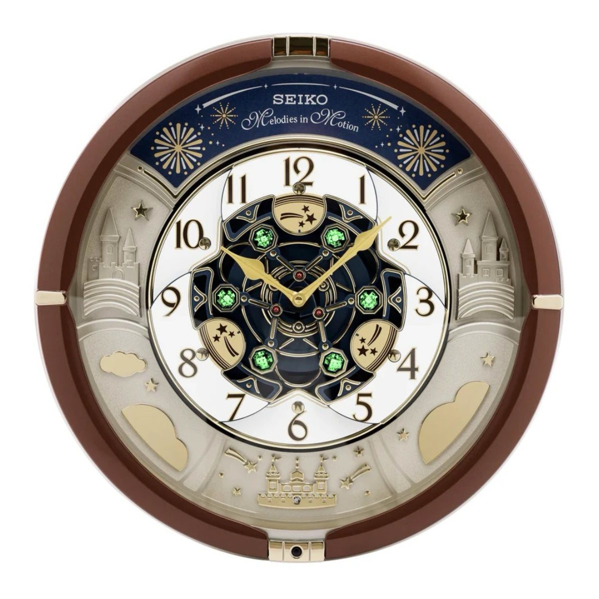 Seiko QXM378BRH “Castle Night” Melodies in Motion Dancing Dial Musical Wall Clock with 18 Songs