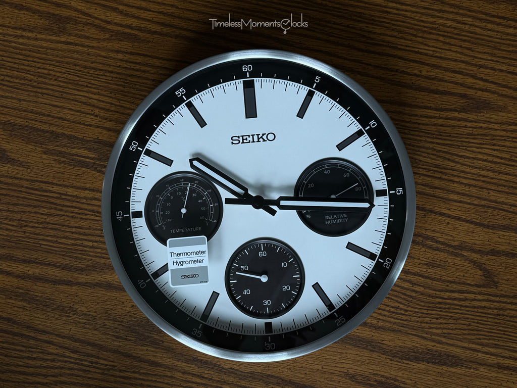 Seiko QXA823SLH "Shelby Watch Dial" Silver Heritage Design Metal Wall Clock with Thermometer, Hygrometer, & Seconds Dial