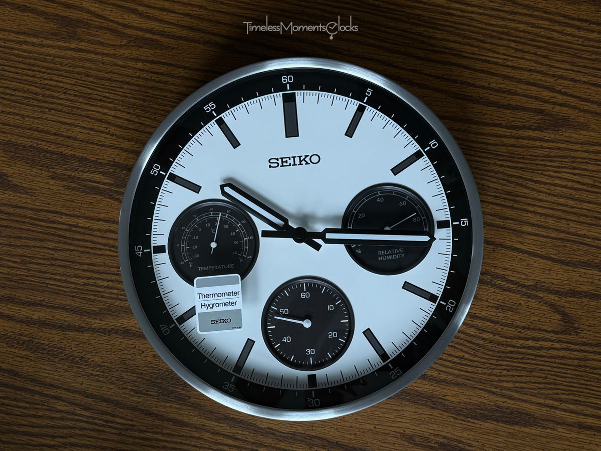 Seiko QXA823SLH "Shelby Watch Dial" Silver Heritage Design Metal Wall Clock with Thermometer, Hygrometer, & Seconds Dial