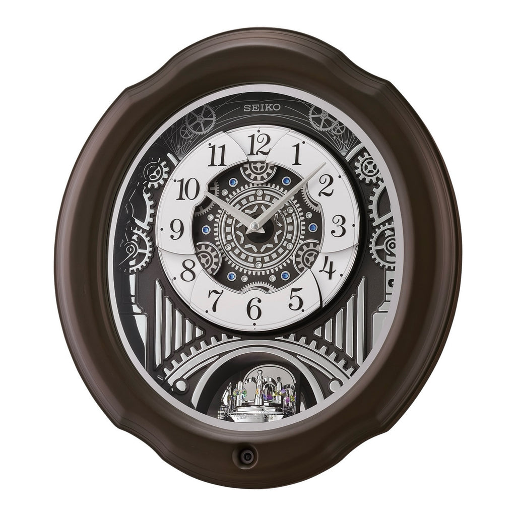 Seiko QXM609NRH “Opera” Melodies in Motion Dancing Dial Musical Wooden Wall Clock with 36 Songs