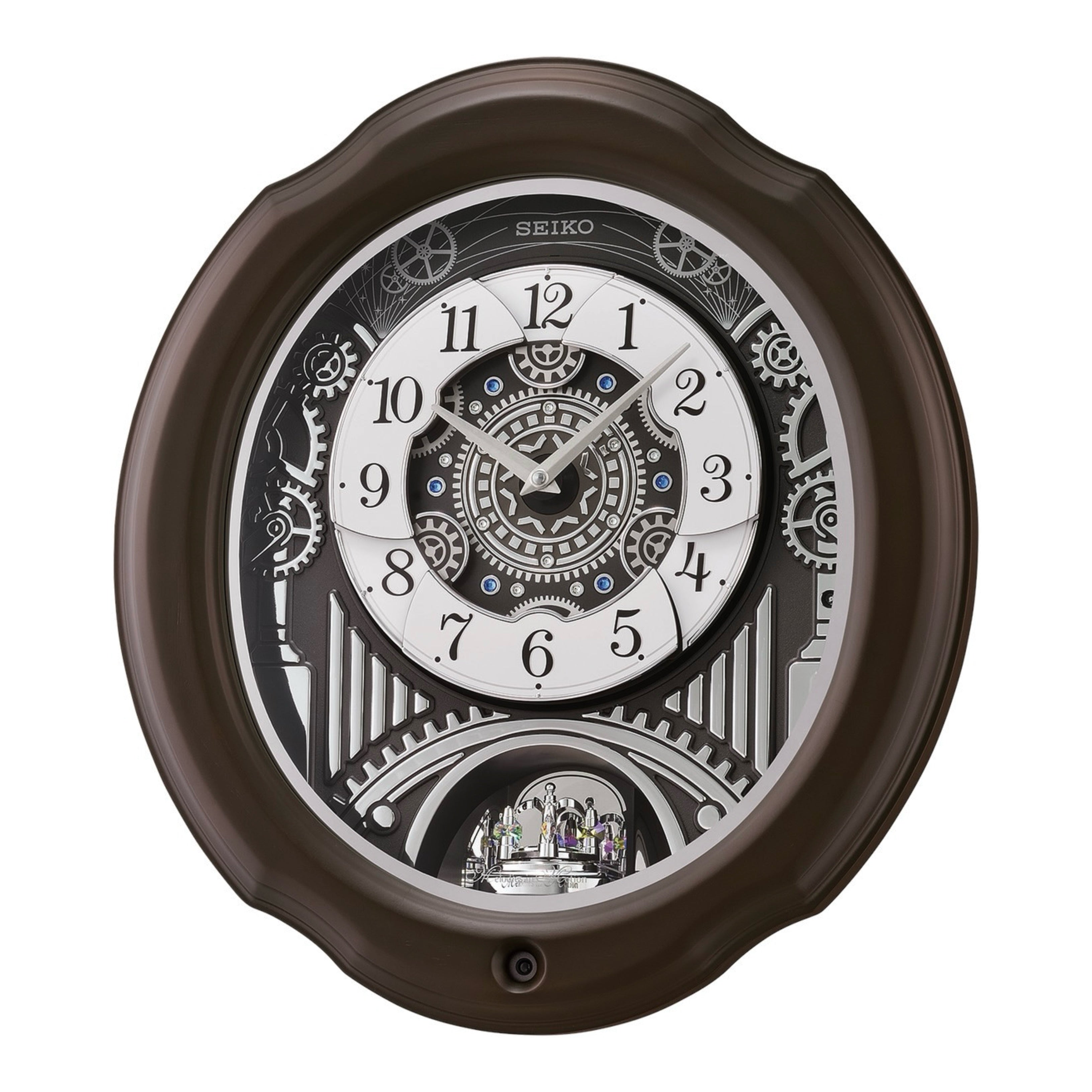 Seiko QXM609NRH “Opera” Melodies in Motion Dancing Dial Musical Wooden Wall Clock with 36 Songs