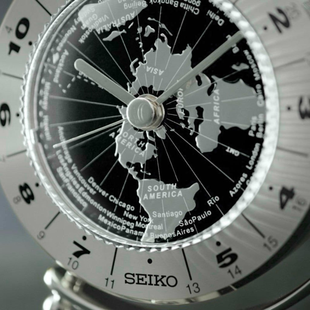 Seiko QHG106SLH "Silver Globe" Desk & Table Clock with World Time Bezel