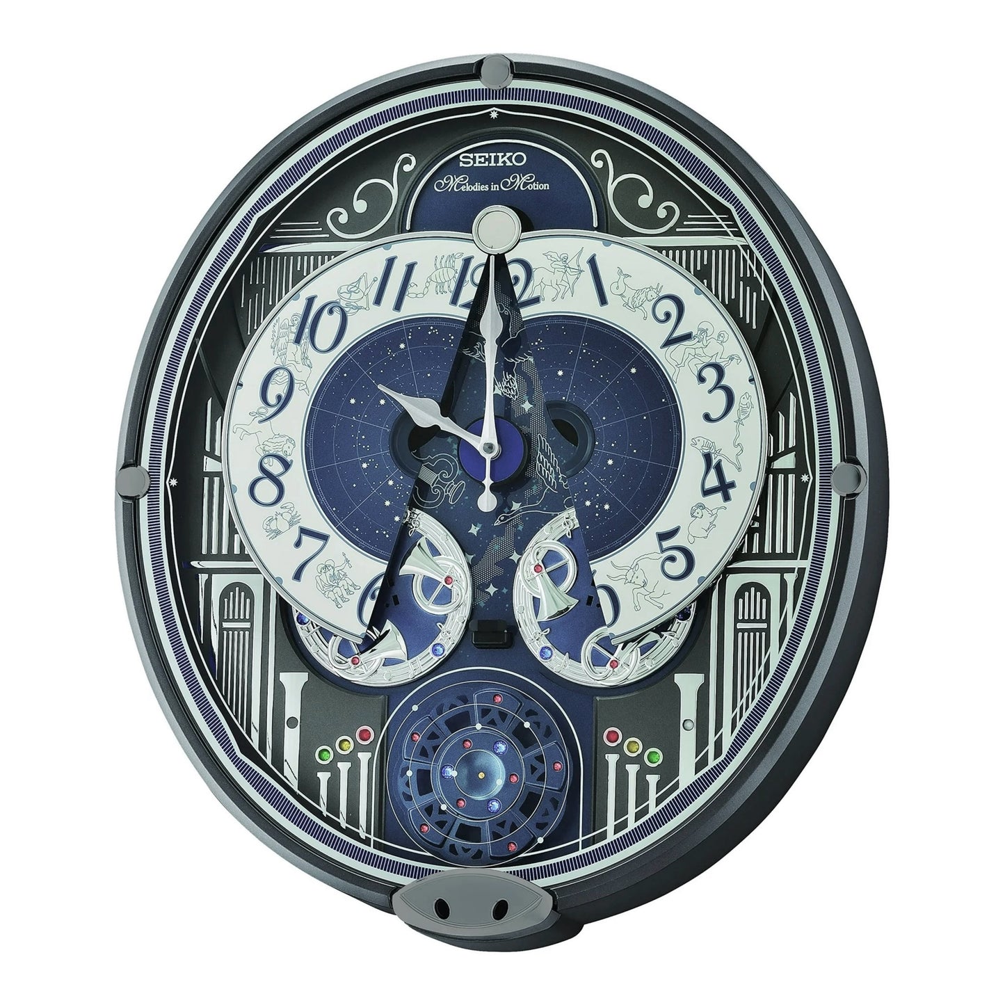 Seiko QXM393NRH “Galaxy Constellations” Astrology-Themed Melodies in Motion Moving Dial Musical Wall Clock with Luminous Dial