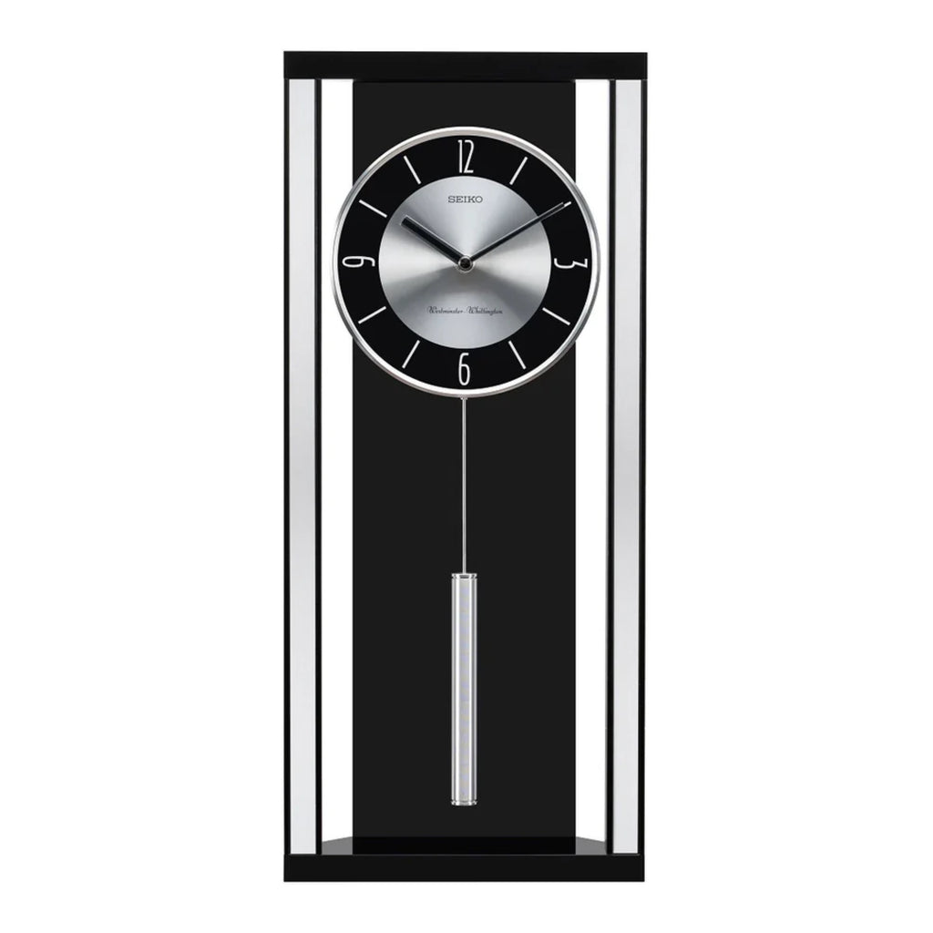 Seiko QXH068KLH "Modern Noir" Mid-Century Modern Wooden Chiming Pendulum Wall Clock