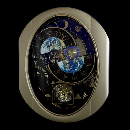 Rhythm “Peaceful Cosmos” Moving Earth Dial Magic Motion Musical Wall Clock with Popular Melodies - 4MH751AR19